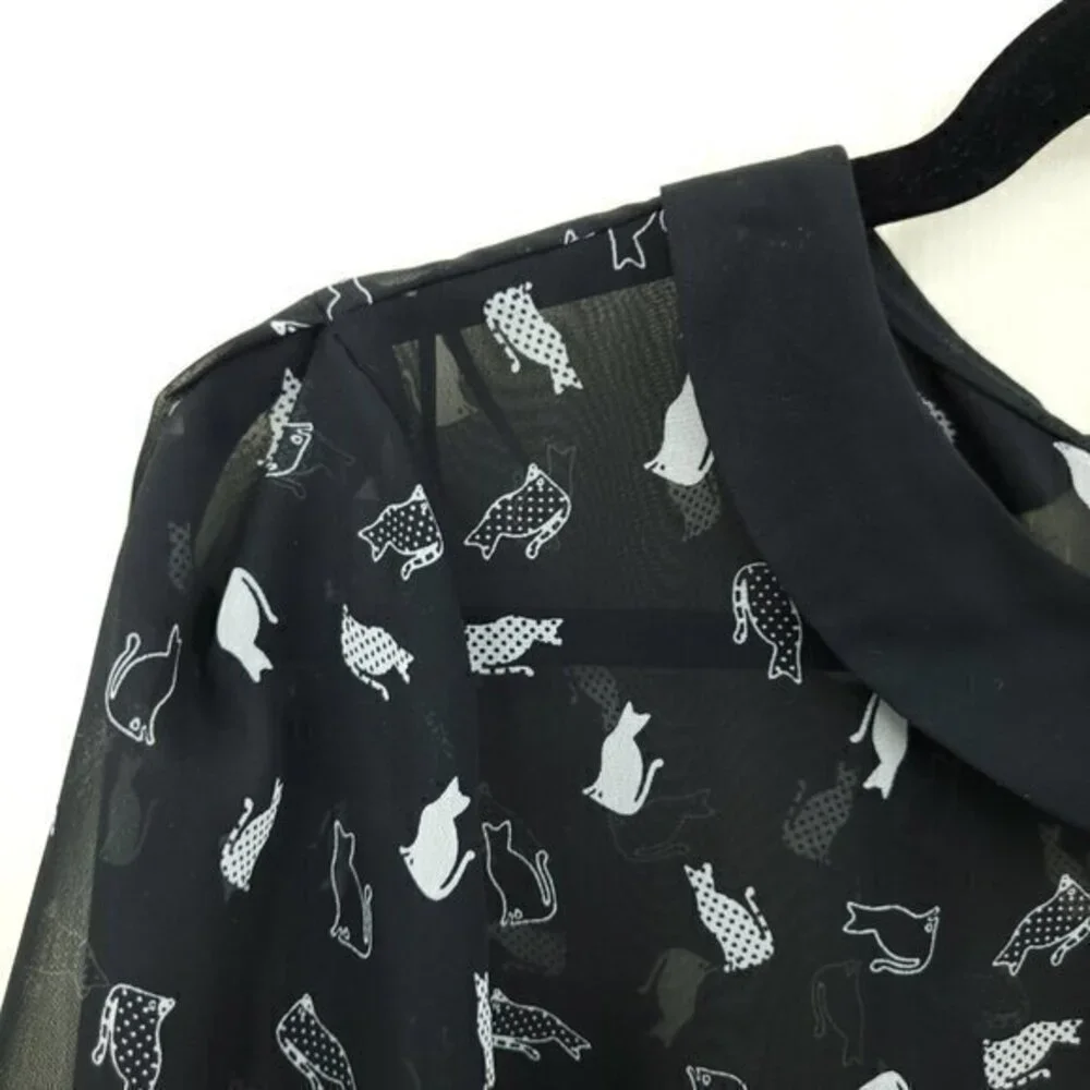Marks & Spencer Sheer Cat-Print Peter Pan Collar Blouse Black US 8 Halloween - Picture 6 of 16